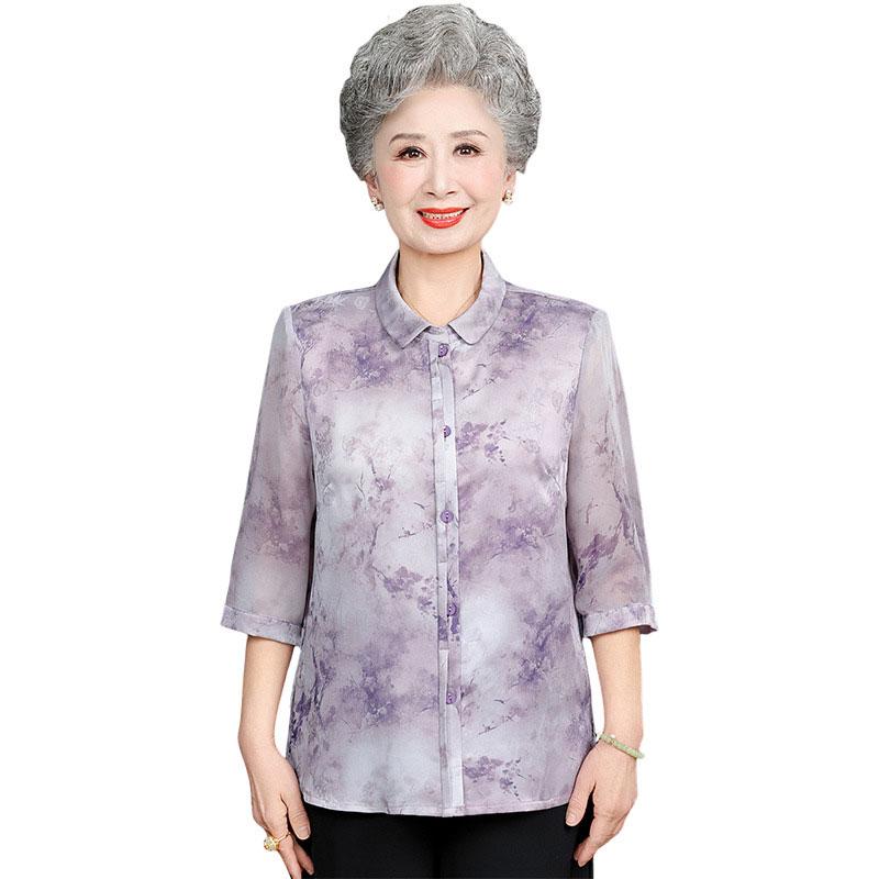 プルオーバー レディース 今めかしい 年がしら 成人女性服 60代 夏 半袖 中華風 シフォン 袖 窈窕たる 花柄 薄墨色 紫 年配用 襟
