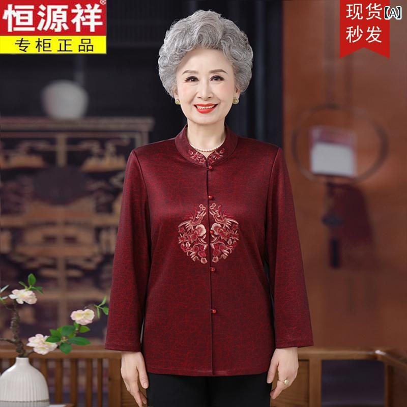 シャツ レディース おしゃれ シニア 婦人服 60代 長袖 唐装 中国風 中国風 チャイナ風 刺繍 秋 婚宴 ミセス 上品