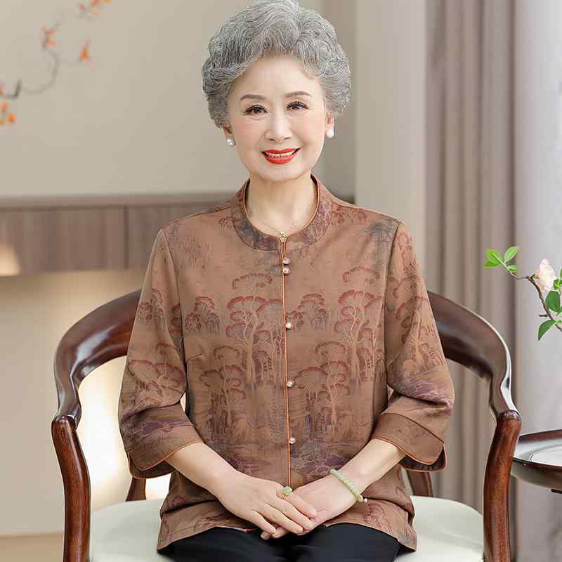 プルオーバー レディース 今めかしい 年がしら お上さん服 60代 七分袖 中国風 花柄 夏 照明ランプ色合い 亭主持ち おっ母さん用 雅びやか ゆったり