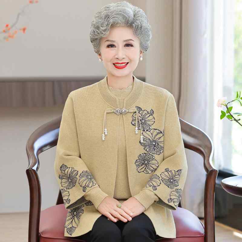 セットアップ レディース 今めかしい 年がしら 成人女性服 60代 秋 編み物 羊毛 花柄 刺しゅう風 ジレー アウター 窈窕たる ゆったり 長袖 中華風 上下仕掛ける