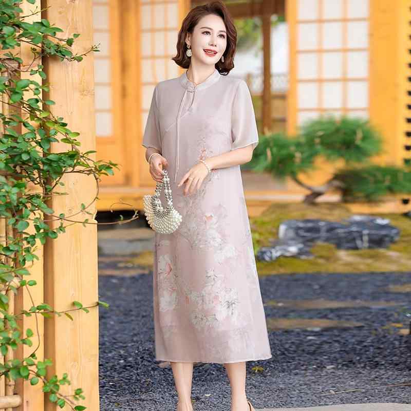 ワンピース レディース おしゃれ シニア 婦人服 60代 夏 チャイナ風 花柄 ミセス フォーマル 母親 上品 エレガント ミディ丈 きれいめ 祝日 パーティー 体型カバー 披露宴｜フロントップ店