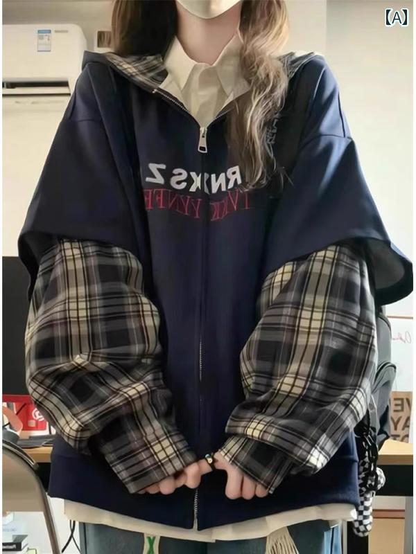 パーカー レディース フード おしゃれ カジュアル 大きいサイズ 春秋 ゆったり チェック柄 配色 切り替え ジップアップ