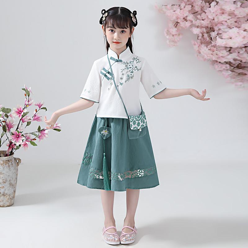 漢服 キッズ ジュニア 女の子 チャイナ風 かわいい セットアップ 半袖 スカート ポシェット ウエストゴム スタンドカラー 花 刺繍 タッセル 薄手 コスプレ ダンス 発表会 ステージ 舞台 写真撮影 イベント パーティー 衣装 緑 ピンク