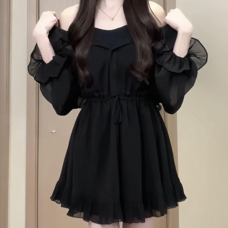 ハロウィン コスプレ 大人 ワンピース レディース 長袖 ミニ丈 襟 ボタン ゆったり ウエスト ドローコード シアー セクシー フェアリー 無地 黒 大きいサイズ