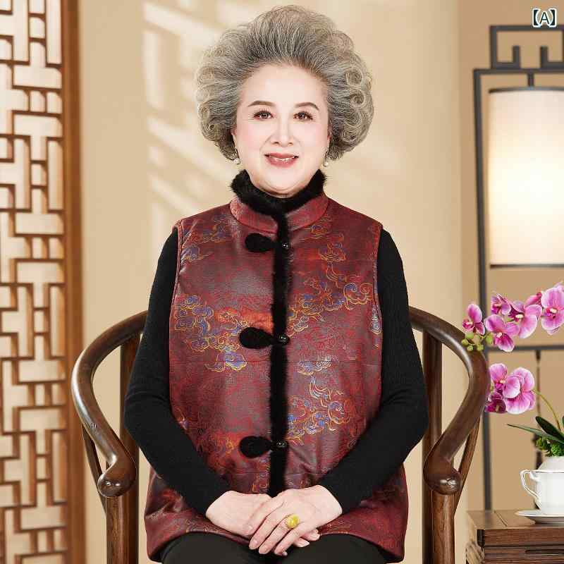 ベスト レディース おしゃれ 秋 柔らかい シニア ミセス アウター 中国風 花柄 スタンドカラー あたたかい 伝統