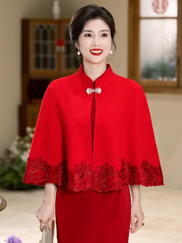 ケープ レディース おしゃれ 秋冬 結婚式 フォーマル 赤 レース きれいめ ショート丈 羽織り アウター 上品 大人 きちんと感 ショール マント