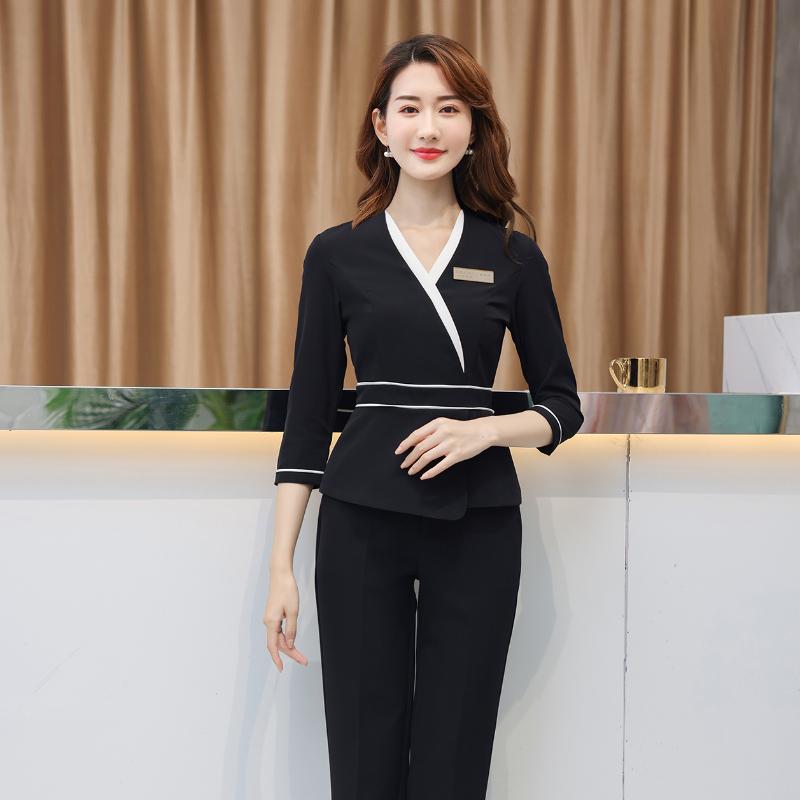 エステ ユニフォーム 制服 おしゃれ セットアップ レディース 秋冬 サロン 美容 スパ サロン足浴 推拿 Vネック 七分袖 シンプル 上品