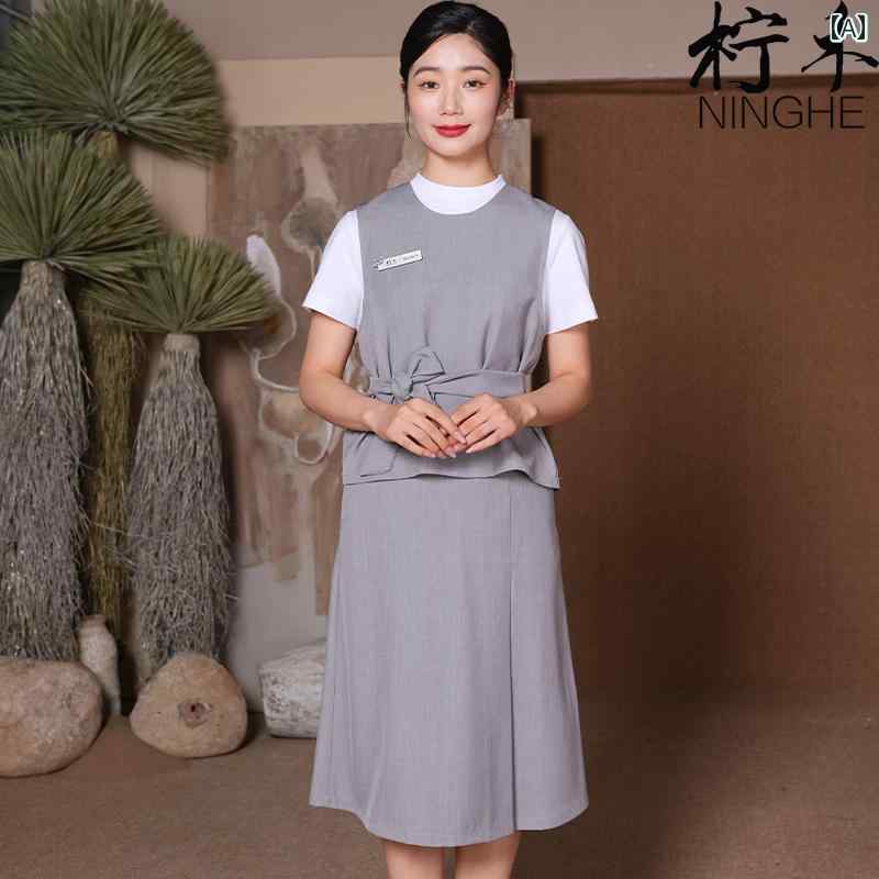 エステ ユニフォーム 制服 おしゃれ セットアップ レディース 春夏 韓国 オフィス 事務服 ワンピース風 フォーマル 上品 シンプル 無地 ベルト サロンスタッフ 美容