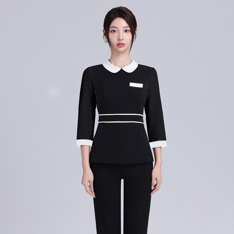 エステ ユニフォーム 制服 おしゃれ セットアップ レディース 黒 半袖 美容 サロン 美容 受付 相談顧問 施術用 きれいめ スリム 仕事 夏