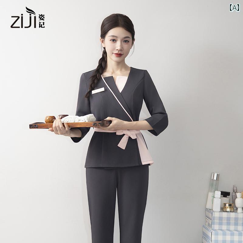 エステ 制服 ユニフォーム かっこ良い セットアップ レディース 秋冬 赤ちょうちん スパ 美容 窈窕たる 分かりやすい 七分袖 酉の方角シュロの葉 御役目用 エステユニフォーム-ダイエット・健康-リラックス・マッサージ用品