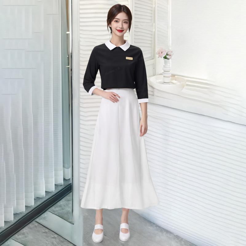 エステ ユニフォーム 制服 おしゃれ セットアップ レディース 美容 フロント ビューティーサロン ジュエリーショップ カフェ ホテル きれいめ 上品 長袖 白襟 モノトーン シンプル