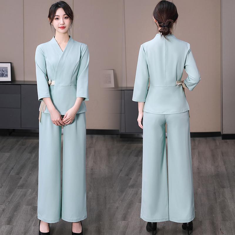 エステ ユニフォーム 制服 おしゃれ セットアップ レディース 韓国 美容 春秋 長袖 ワイドパンツ スーツ スタイリッシュ シンプル サロン 仕事 受付 技師