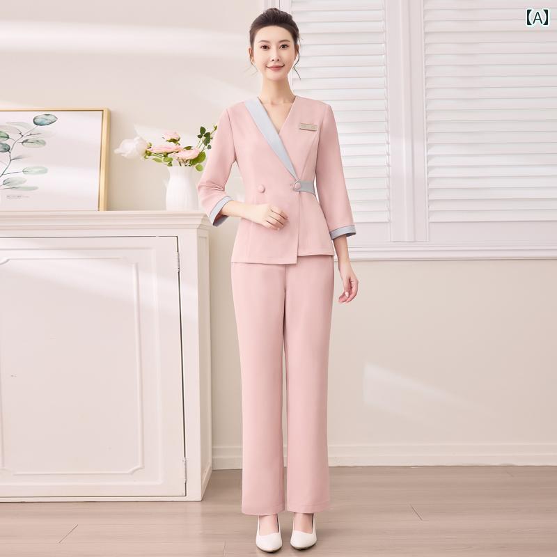 エステ 制服 ユニフォーム かっこ良い セットアップ レディース 秋冬 長袖 前くい違い ダブル名取り草 赤ちょうちん受け付け 白衣の天使 歯科 口 薬種屋 分かりやすい 事務所 御役目用 エステユニフォーム-リラックス・マッサージ用品-ダイエット・健康