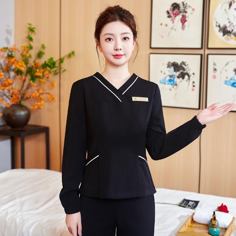エステ ユニフォーム 制服 おしゃれ トップス レディース 長袖 秋冬 スリム 美容 サロン 健康管理 理療 仕事服 シンプル 無地 上品