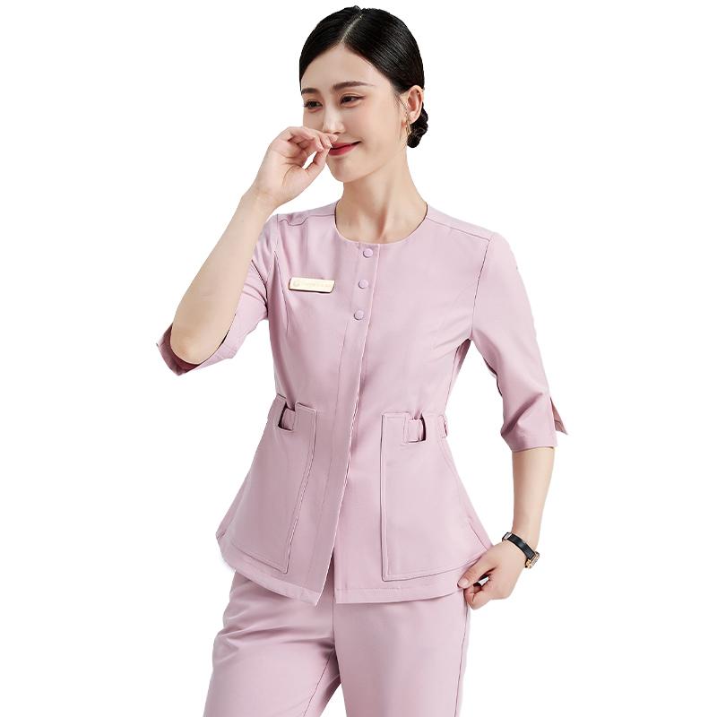 エステ ユニフォーム 制服 おしゃれ セットアップ レディース 韓国 ビューティーサロン 技師 美容 ヘアサロン シンプル 七分袖 スタイリッシュ
