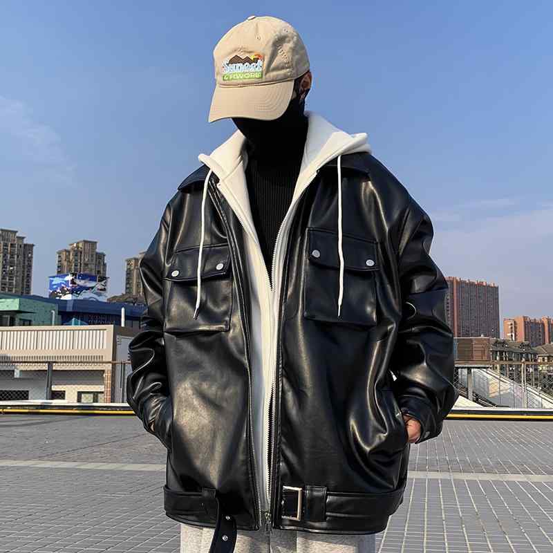 レザージャケット メンズ フェイクレイヤード フード付き ライダース 合皮 ダブルジップ ビッグシルエット アメリカンレトロ カジュアル ストリートファッション 秋冬アウター 黒 白|フロントップ店
