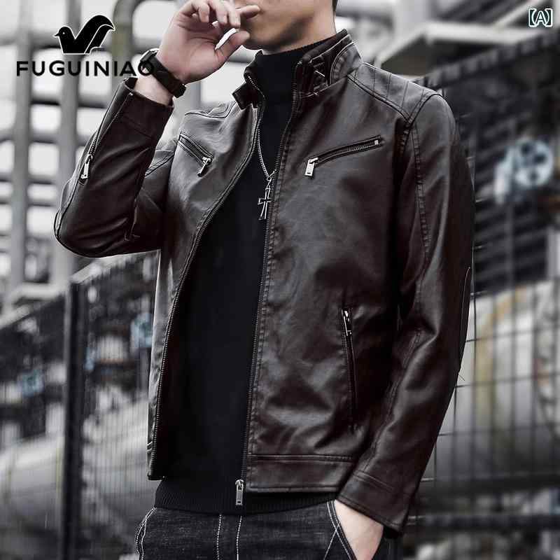 レザージャケット メンズ 春秋 ブラック ライダースジャケット スタンドカラー カジュアル PUレザー ゆったり ジップアップ アウター 無地 メタル装飾 トレンド ジップポケット レギュラー丈|フロントップ店
