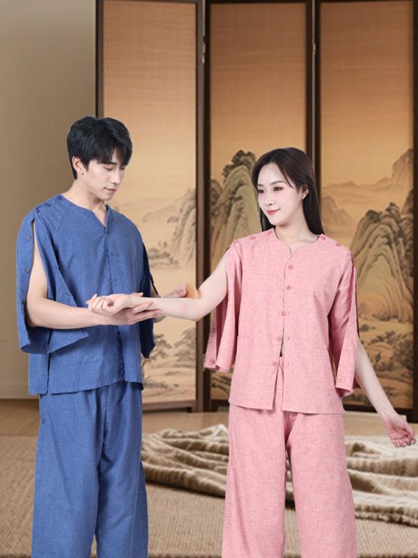 艾灸着 男女兼用 メンズ レディース ユニセックス 施術着 鍼灸用 マッサージ衣 エステ リラックスウェア 美容院 サウナ 温泉 前後開閉 羽織り 後ろボタン 綿 やわらか素材 ゆったり 快適