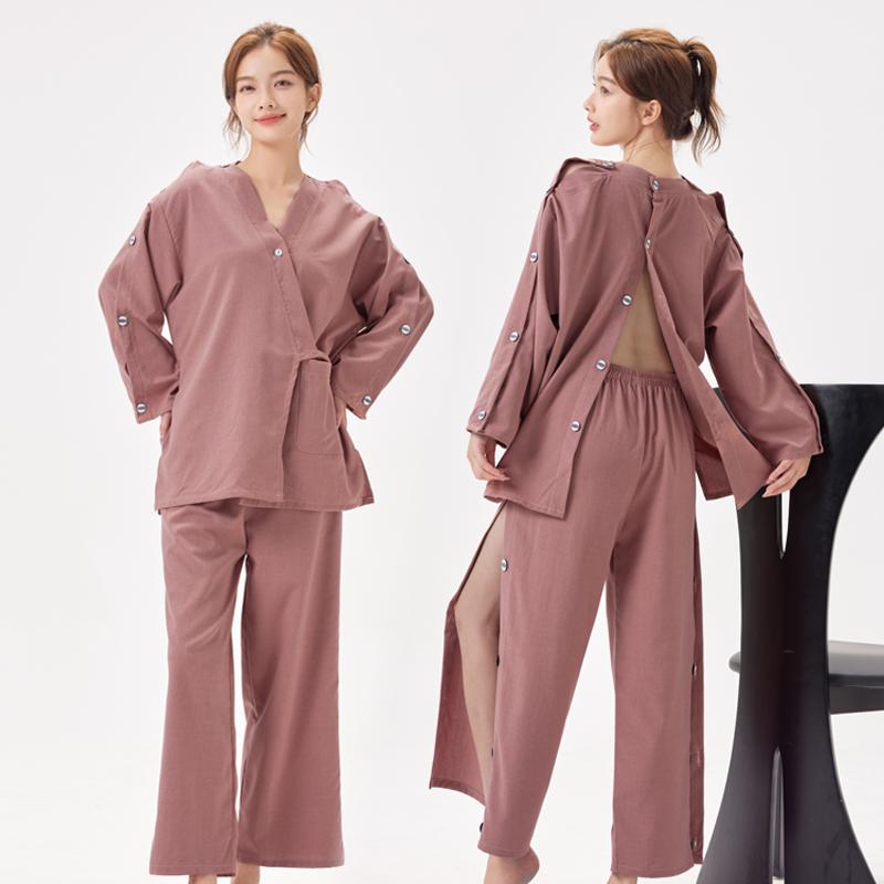 施術着 レディース 女性用 前開き 背中開き ガウン エステ サロン 艾灸 マッサージ 整体 鍼灸 美容 ゲストウェア 綿 ポリエステル 再生繊維混合 ゆったり 快適画像