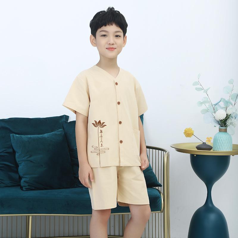 キッズ パジャマ 男の子 女の子 春夏用 綿 ルームウェア 前後オープン 開襟 マッサージ 艾灸 施術用 ソフト コットン 通気性 肌触り快適 イエロー 無地 子供服