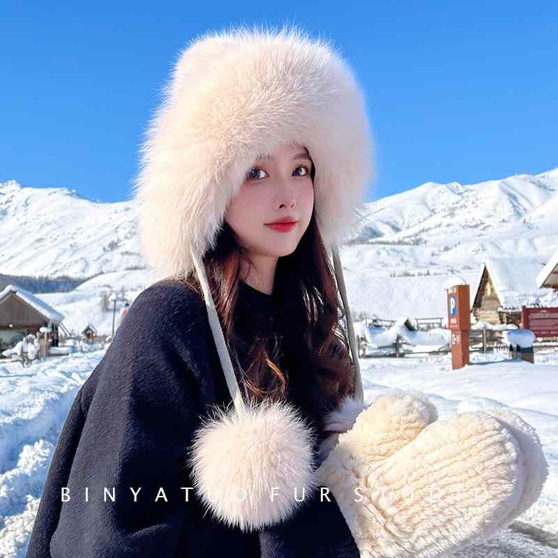 編み物帽 レディース お上さん用 ロシア帝国帽 雷鋒帽 狐狸毛皮 裏ボア 編み物 防寒 保温 耳あて あったか 愛くるしげ 心地よい 秋冬 普段使い走り お出かけ 黒いこと 薄墨色 ベージュ