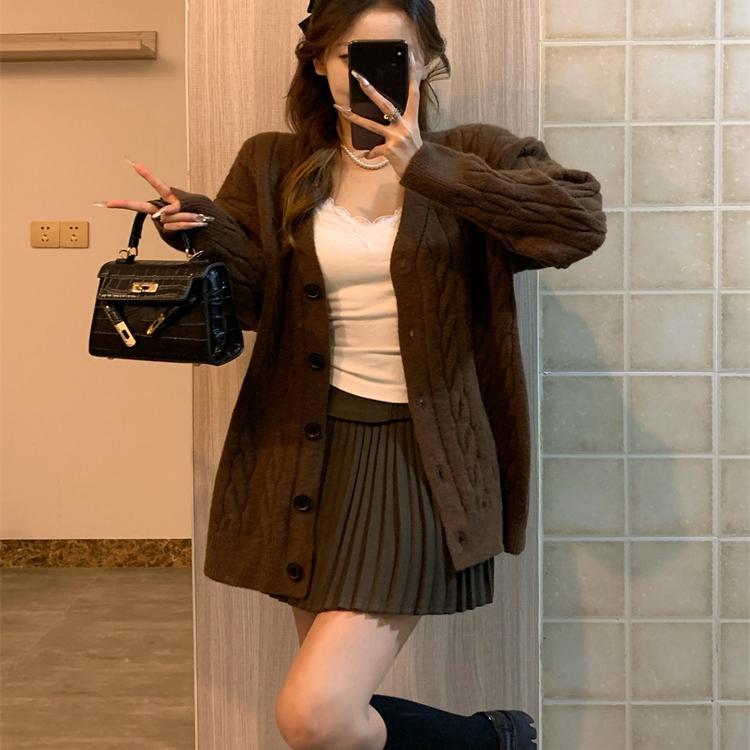 カーディガン レディース Vネック ニット ケーブル編み 厚手 ゆったり ルーズフィット ビッグシルエット 長袖 ミドル丈 ブラウン系 カフェオレ 秋冬 保温 あったか 通勤 リラックス 抜け感