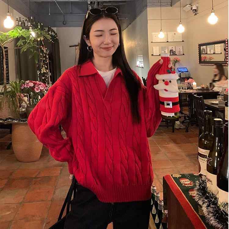 ニット レディース 女性用 ケーブル編み ポロ襟 長袖 無地 プルオーバー 赤 レッド 秋冬 ゆったり ルーズ オーバーサイズ 抜け感 カジュアル トップス 普段使い 通勤 オフィス