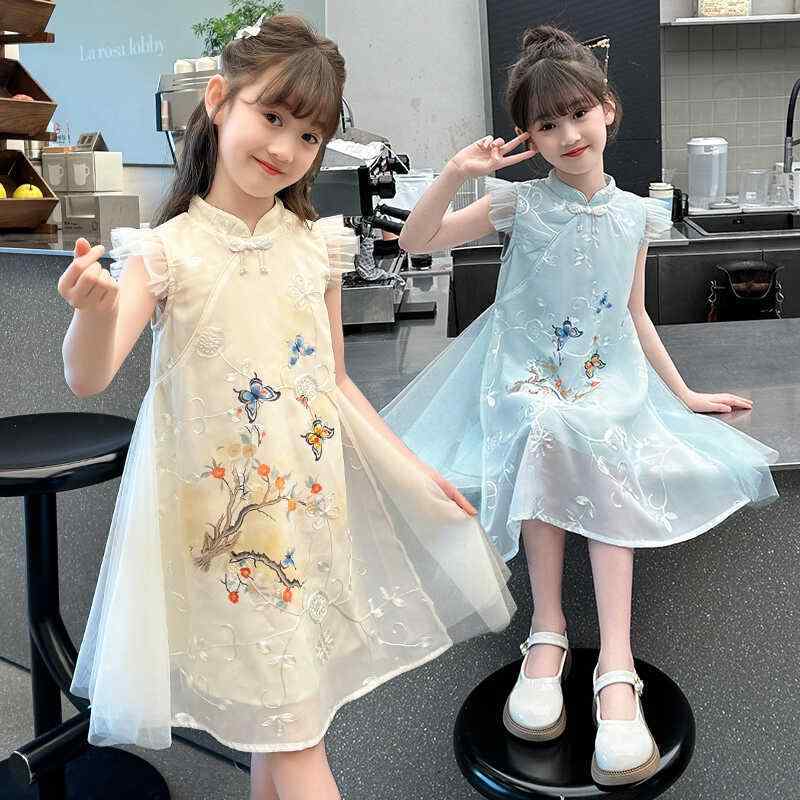 漢服 キッズ ジュニア 女の子 ワンピース スカート チャイナ風 かわいい 半袖 フリル袖 花 蝶 刺繍 薄手 ふんわり 透け感 コスプレ ダンス 発表会 ステージ 舞台 写真撮影 イベント パーティー 衣装 レトロ プリンセス 青 アプリコット|フロントップ店
