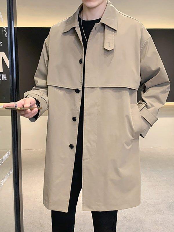 トレンチコート メンズ 成人男性用 御前上等感 真っただ中丈 ロング丈 ゆったり 大層らしい大いさ 心地好い 秋冬 無地 ポリエステル シングル乳ぶさ テーラードカラー 好いたらしいめ シティ表現スタイル カーキ 黒いこと コート・ジャケット-メンズファッション