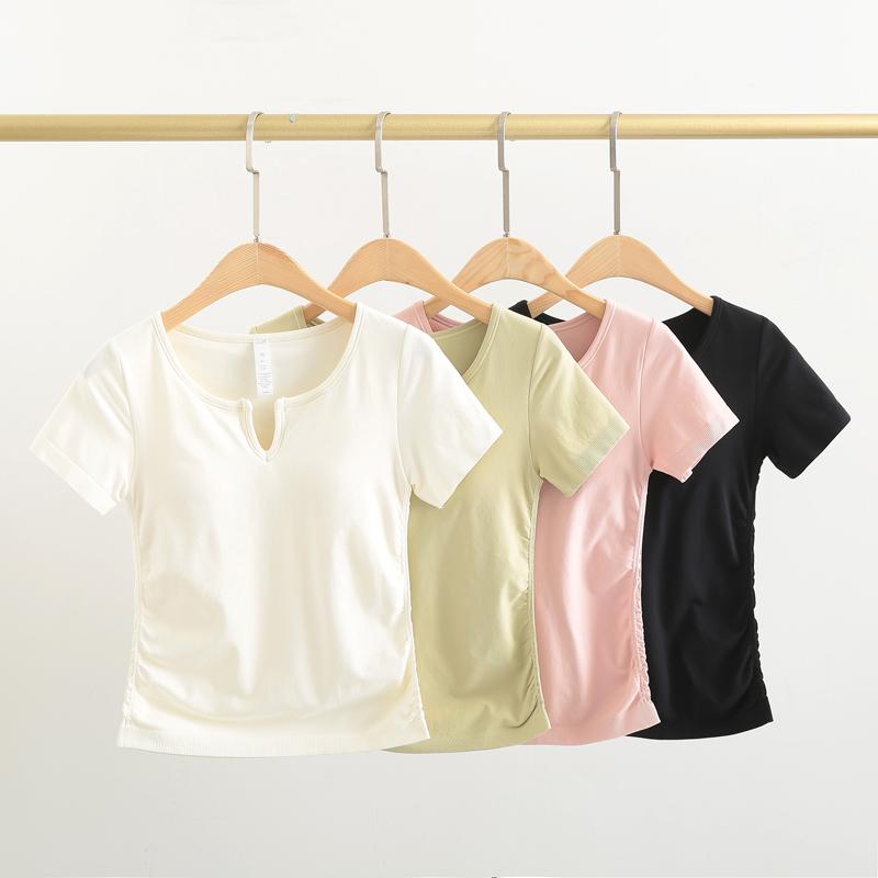 ヨガウェア レディース ブラパッド付き 半袖 Tシャツ ナイロン ポリウレタン ピラティス ランニング トレーニング フィットネス ジム スポーツ 吸湿速乾 通気性 高伸縮 タイトフィット