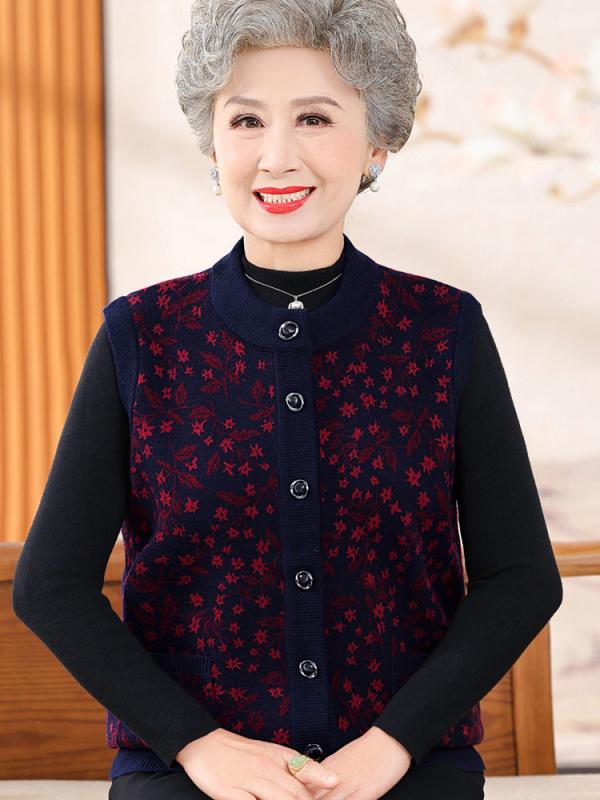 ベスト レディース シニア 高齢者 婦人服 ミセス ウール ウール 高級感 前開き ボタン 刺・墸 保温 あったか ゆったり 丸首 レトロ柄 普段使い 秋冬