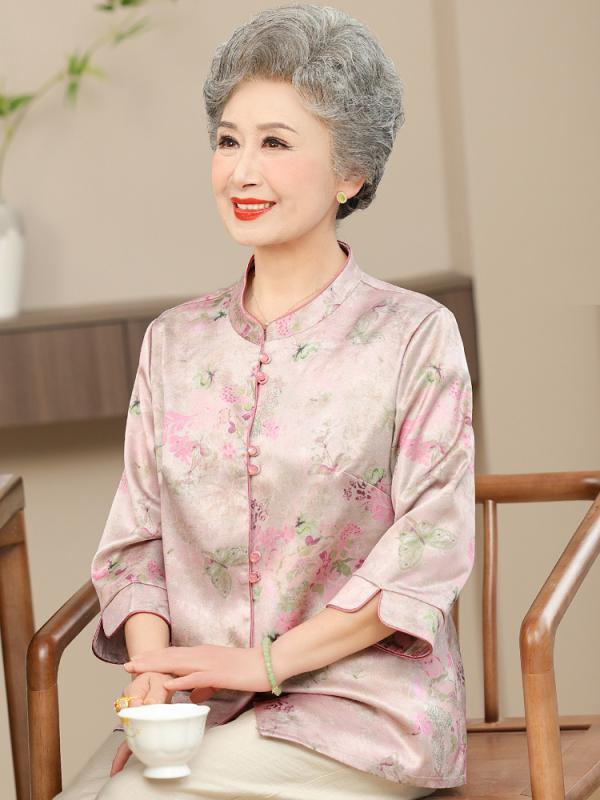 ブラウス レディース シニア 春夏 花柄 七分袖 ゆったり 薄手 前開き 丸首 トップス 高級感 母親 祖母 70代 普段使い イエロー ピンク