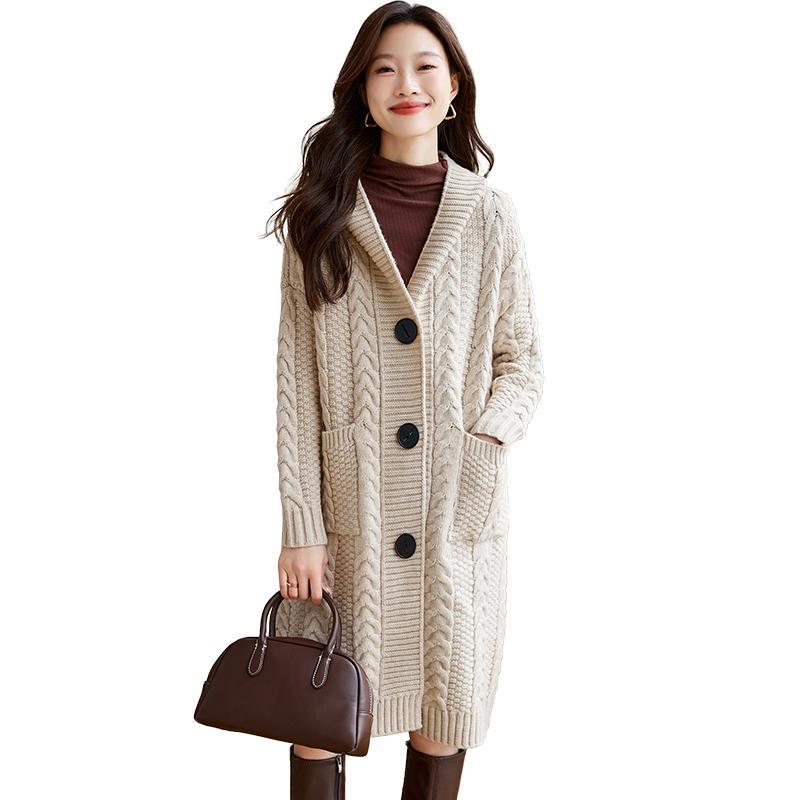 ニットカーディガン レディース 女性用 フード付き ウール混 厚手 秋冬 ミドル丈 ゆったり ざっくり編み 長袖 無地 通勤 オフィス カジュアル 保温 防寒 ベージュ系 グレー キャメル モカ