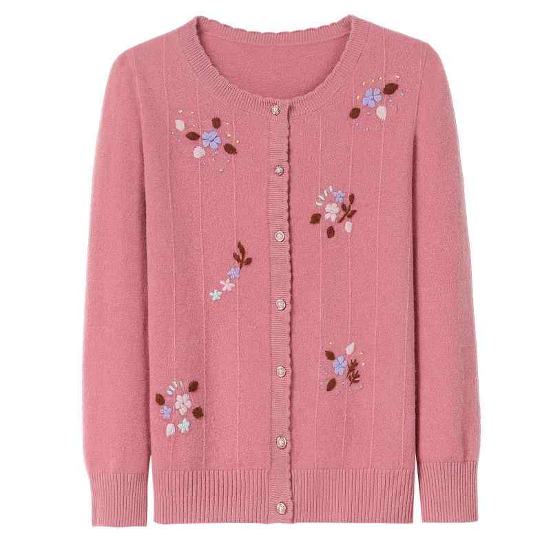カーディガン ミセス ママ服 女性用 ニット ラウンドネック 薄手 ゆったり 花柄 刺繍入り シングルボタン 秋冬 羽織り 普段使い お出かけ