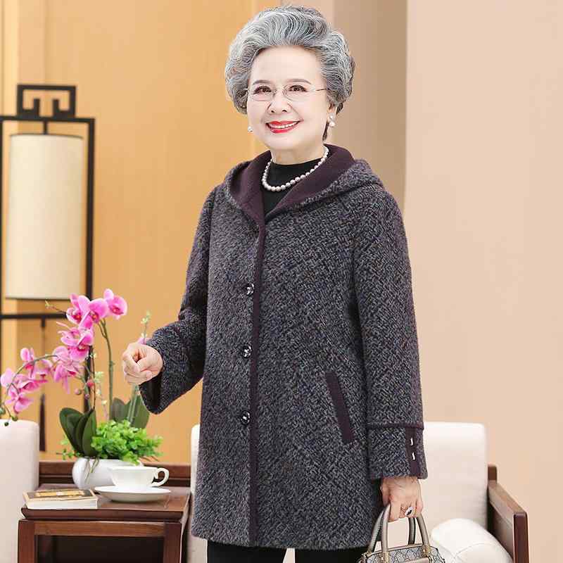 コート レディース ミセス シニア 婦人服 秋冬 ウール 厚手 暖かい 防寒 フード付き シングルボタン ゆったり 普段使い 上品 エレガント パープル グリーン