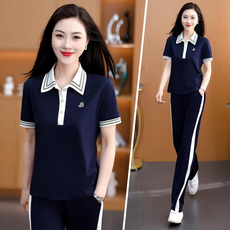 セットアップ レディース カジュアル スポーツウェア 運動着 普段使い 部屋着 春夏 接触冷感 半袖 ショートスリーブ ポロ襟 ツーピース 上下セット おしゃれ 上品 エレガント レーヨン ナイロン ポリウレタン ブルー ベージュ オレンジ ワインレッド｜フロントップ店