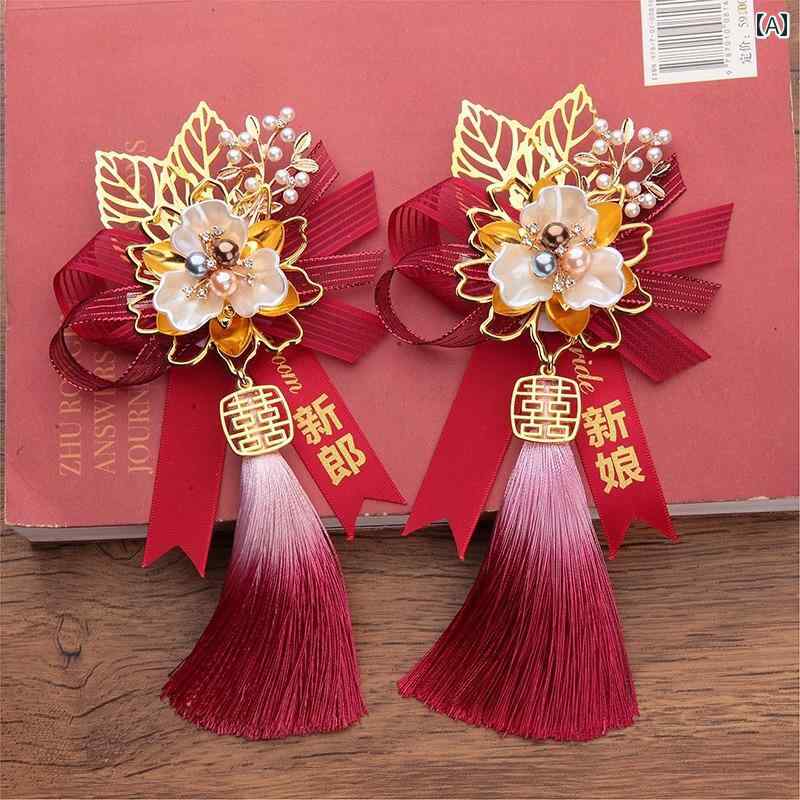 ブローチ コサージュ 新郎用 新婦用 父親用 母親用 中華風 結婚式 龍鳳凰 ペア フルセット 深紅 シャンパンゴールド スカイブルー ピンク
