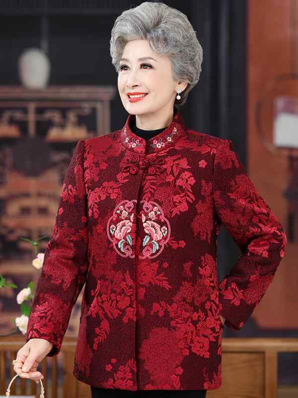 ジャケット レディース ミセス シニア 婦人服 春秋物 厚手 アウター ゆったり ミドル丈 スタンドカラー 花柄 総柄 シングルボタン 結婚式 披露宴 パーティー フォーマル 慶事 長寿祝い セレモニー 晴れ着 お呼ばれ 上品 華やか レッド|フロントップ店