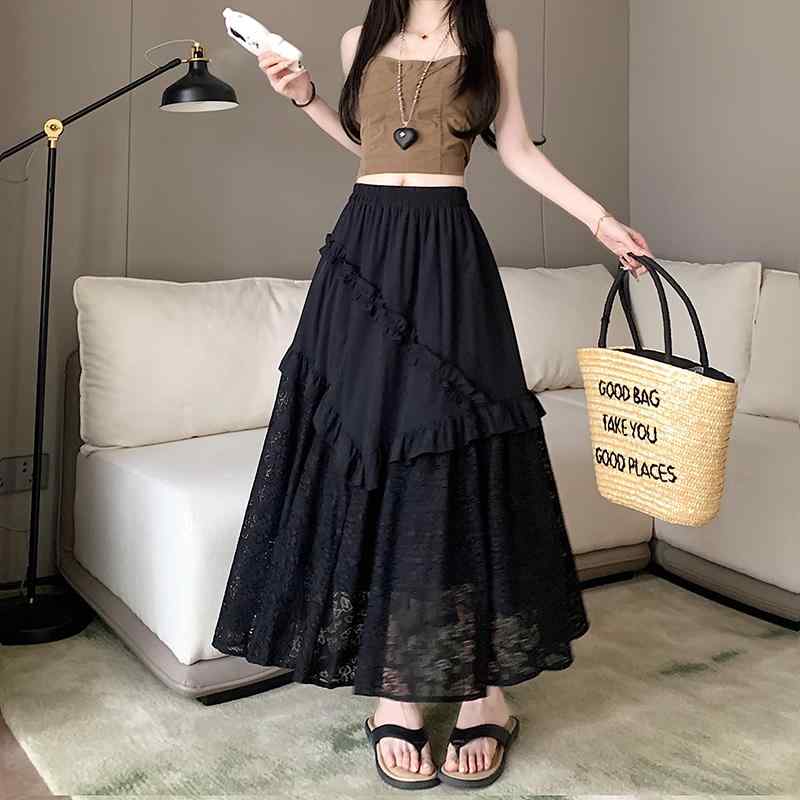 スカート レディース 低身長 春夏 ハイウエスト Aライン ロングスカート ポリエステル レース 切り替え メローフリル ゆったり 細見え スタイルアップ 着回し おしゃれ カジュアル ブラック ホワイト