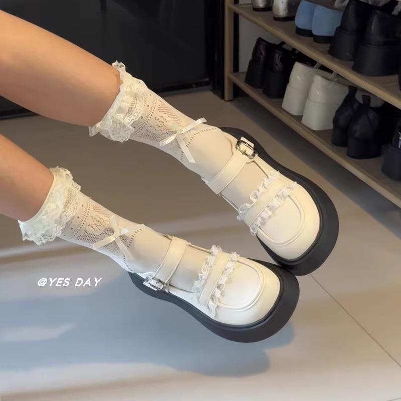 パンプス レディース メリージェーン スウィート ガーリー フリル ワンストラップ ラウンドトゥ 厚底 太ヒール PUレザー 合皮 普段使い デイリー 春夏 黒 ベージュ