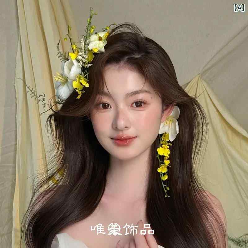 ヘアアクセサリー レディース 造花 花モチーフ サイドクリップ ナチュラル ボタニカル ヘッドドレス 髪飾りセット 花嫁 ウェディング ブライダル 結婚式 前撮り ロケーションフォト エレガント 清楚な装い