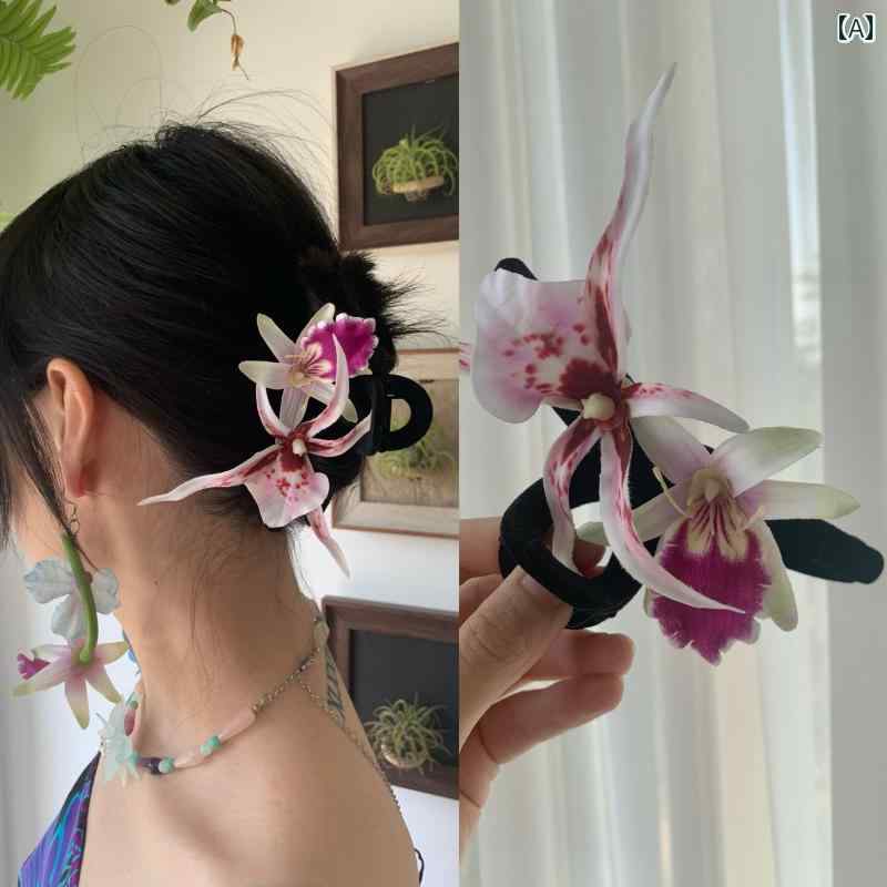 ヘアクリップ レディース ハンドメイド 中華風 個性的 リアルな胡蝶蘭 造花 花モチーフ フロッキー加工 バンスクリップ 髪留め 上品 エレガント 華やか 普段使い フォーマル ピンク 黒紫 アプリコット 紫緑 水色 淡い紫 グリーン