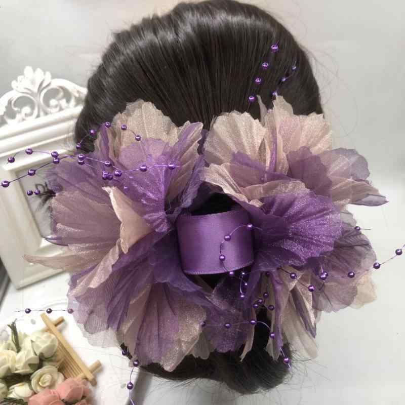 ヘアクリップ 牡丹 羽毛 フェザー ビーズ 大花モチーフ まとめ髪 アップヘア 韓国 スイート フェミニン ガーリー 大ぶり オーガンジー グレー レッドブラック ブラウン レッドブラウン パープルブラウン