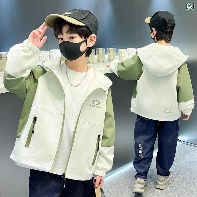 ジャケット 男の子 キッズ ジュニア 春秋 マウンテンパーカー ウィンドブレーカー フード付き ジップアップ 配色切り替え おしゃれ ポリエステル カジュアル 通学 アウトドア グリーン カーキ ベージュ