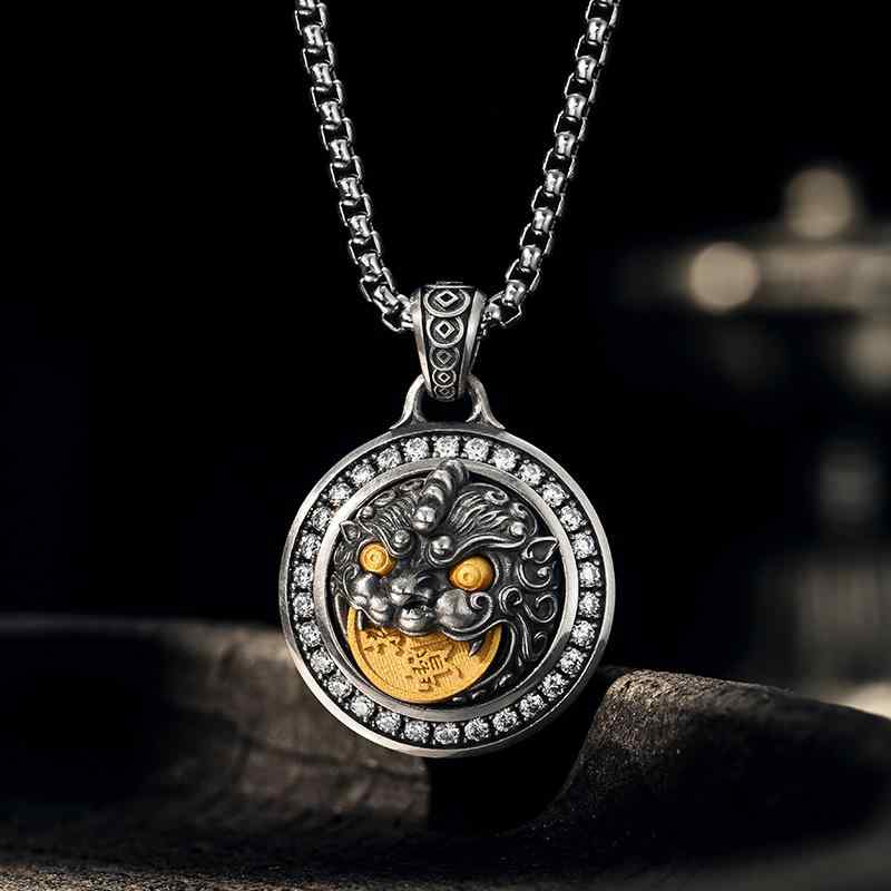 ネックレス メンズ 男性用 シルバー K18金メッキ 貔貅 コイン 回転 ペンダント ボックスチェーン 普段使い ジュエリー アクセサリー