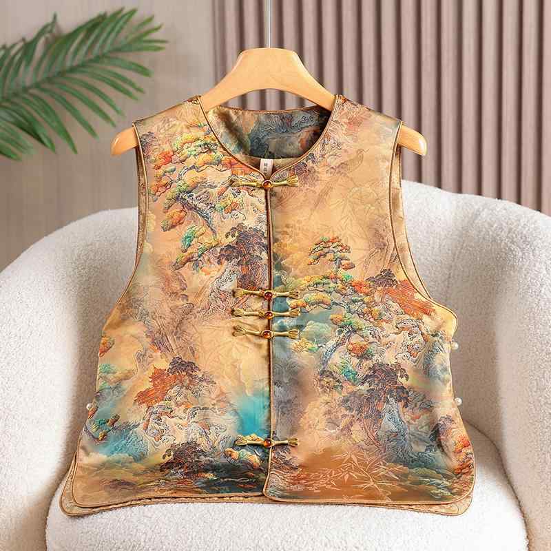 ベスト レディース ネオチャイニーズ 中華風 レトロ ヴィンテージ風 刺繍 立体花 チャイナボタン Vネック ノースリーブ 前開き シングルボタン 春夏 通勤 オフィス 40代 大きいサイズ ジレ トップス ポリエステル グリーン オレンジ