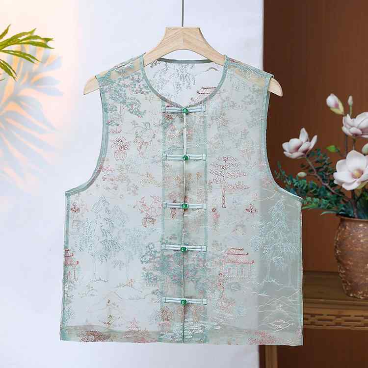 ベスト レディース トップス 新チャイナ風 中華風 チャイナボタン 刺繍 透け感 シースルー ノースリーブ 薄手 涼しい レイヤード 重ね着 エレガント 上品 大人 ジレ 夏 グリーン 緑