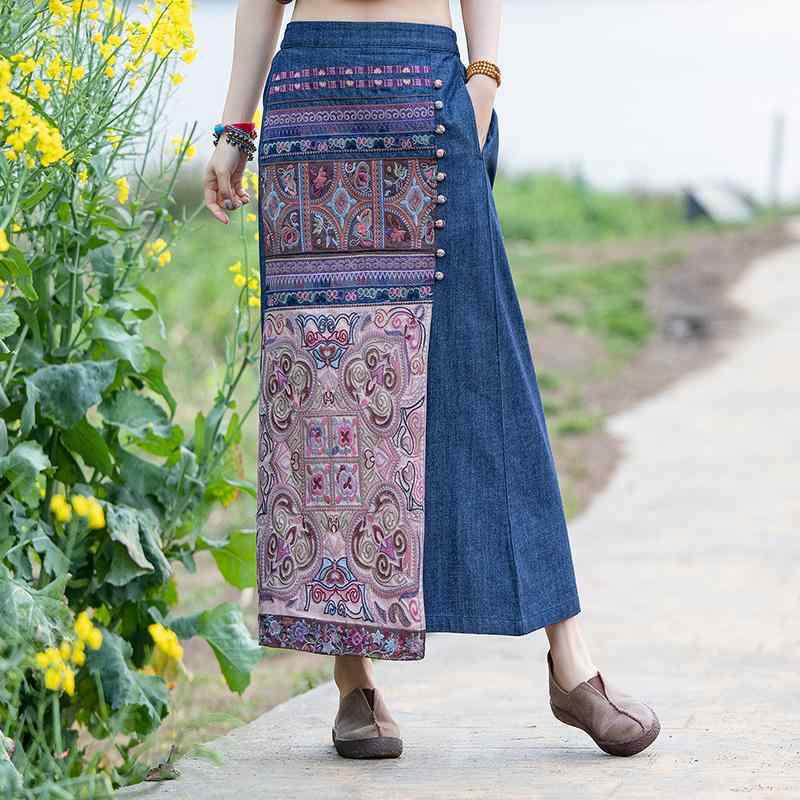 スカート レディース デニム 綿 民族風 刺繍 花柄 切り替え Aライン ロングスカート ダークブルー 紺 通勤 普段使い 秋冬