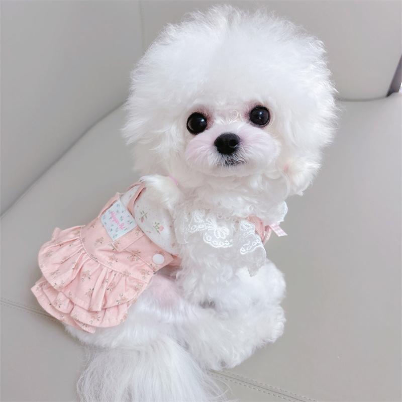 犬服 小型犬 猫用 秋冬 万能 小花柄 サスペンダー ティアード プリンセス ワンピース ビションフリーゼ テディ お洒落 かわいい お散歩 お出かけ 普段使い 白 粉
