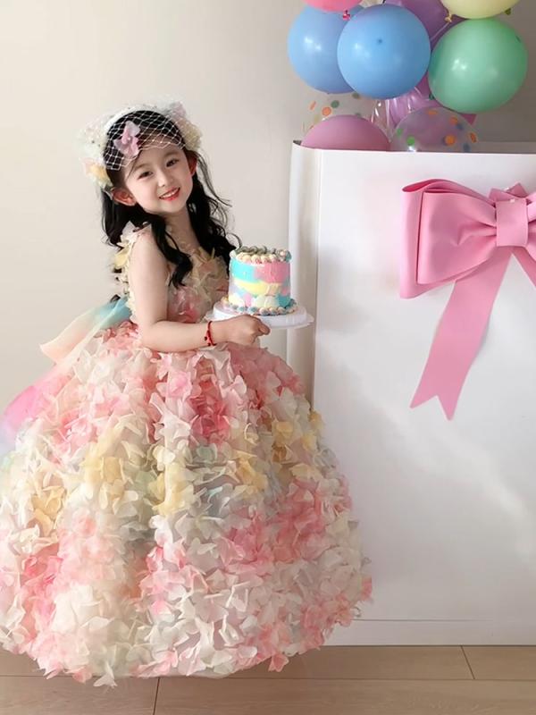 ドレス 女の子 キッズ ロリータ プリンセス レインボー チュール ふんわり ロング丈 ハイウエスト 誕生日 結婚式 発表会 パーティー セレモニー フォーマル お呼ばれ 写真撮影 ワンピース 子供用 ポリエステル かわいい